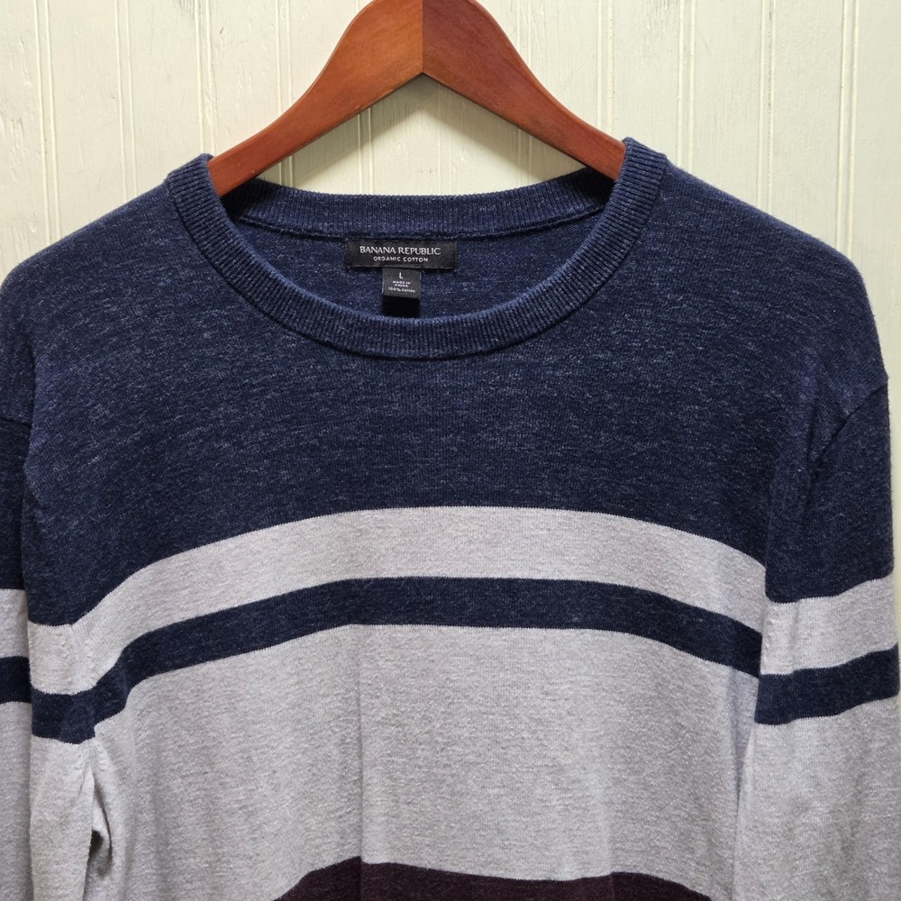 Banana Republic Sweater Mens Large Blue Gray Stripe Cotton Crewneck‎ Pullover